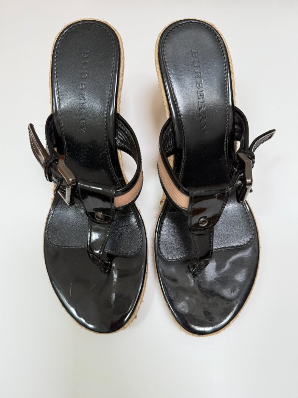 Burberry Nova Check Espadrille Wedge Sandals Black Patent Leather EU 41 - Picture 3 of 13